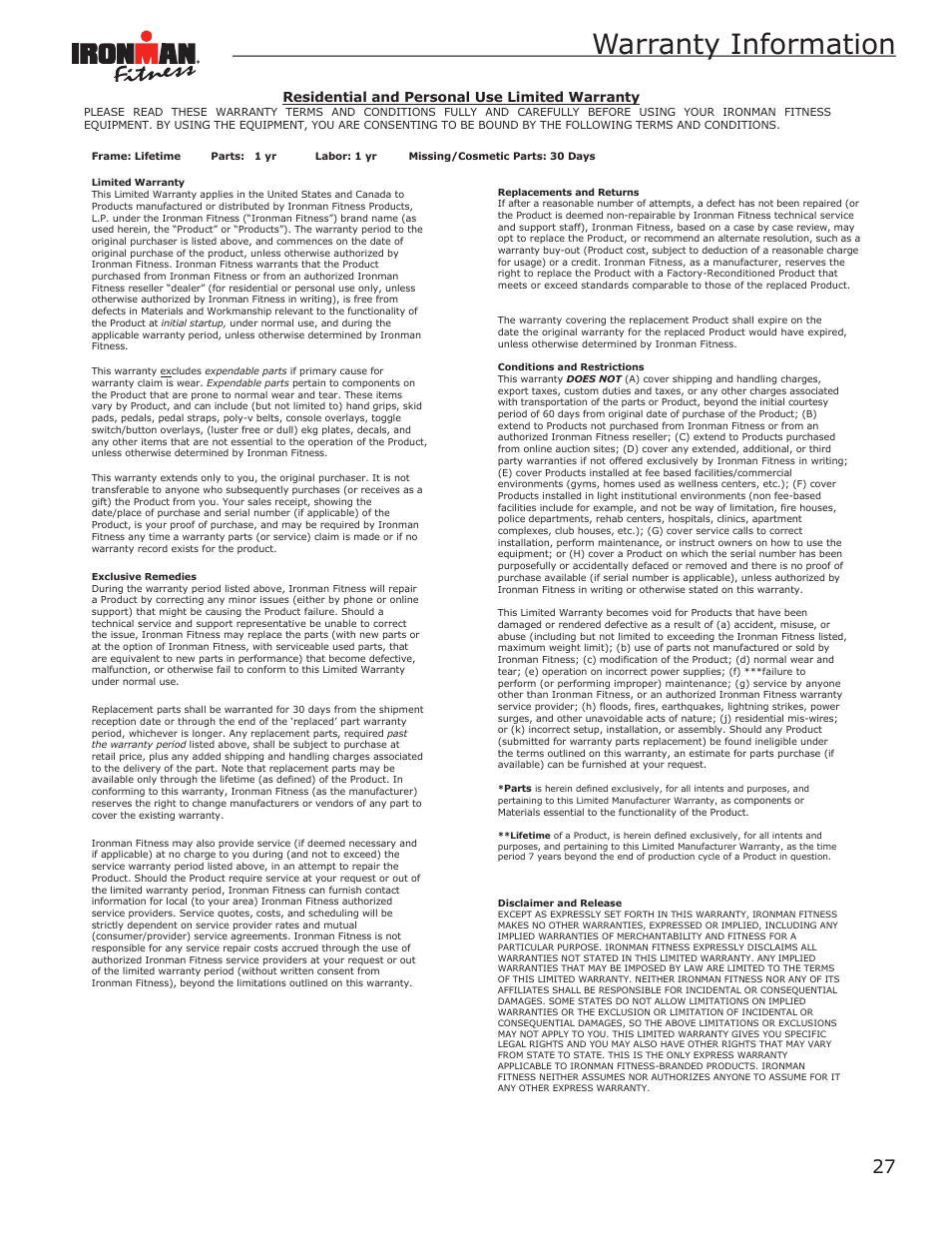 Warranty information | Ironman Fitness Magnetic Rower Power 10 User Manual | Page 27 / 28