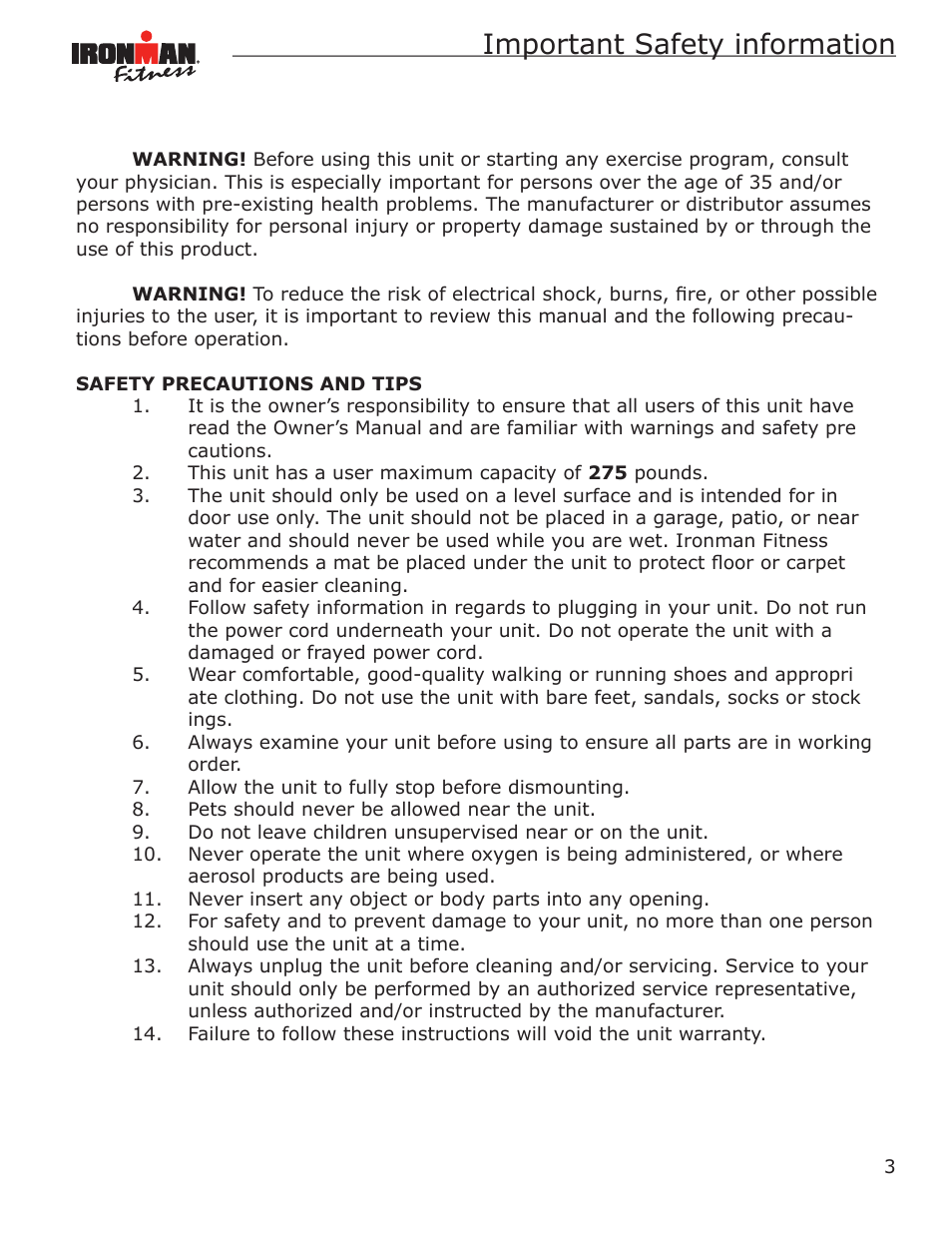 Important safety information | Ironman Fitness Magnetic Rower Power 10 User Manual | Page 3 / 28