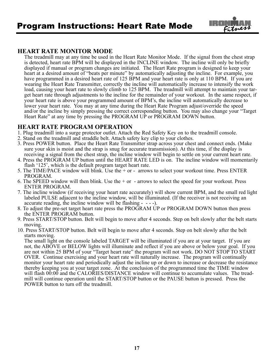 Program instructions: heart rate mode | Ironman Fitness 320t User Manual | Page 17 / 31