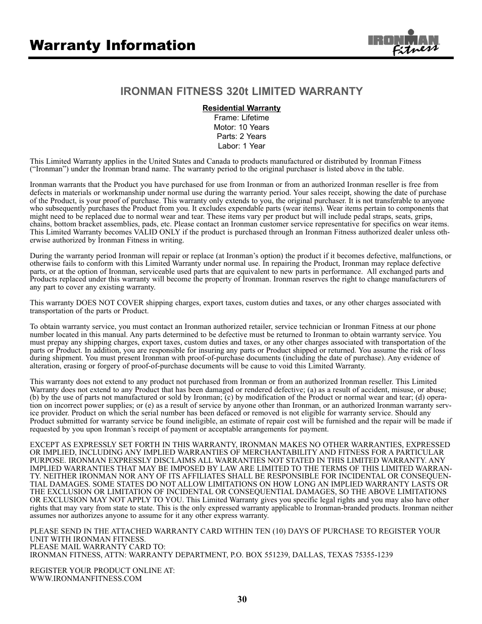 Warranty information, Ironman fitness 320t limited warranty | Ironman Fitness 320t User Manual | Page 30 / 31
