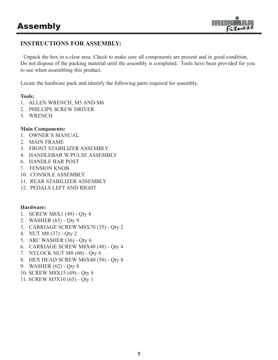 Assembly | Ironman Fitness 120r User Manual | Page 5 / 17