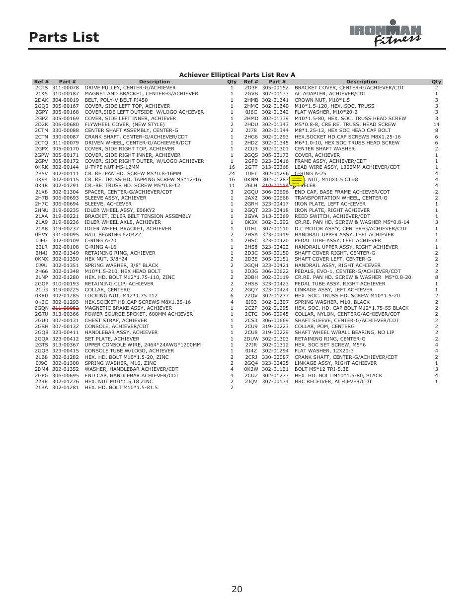 Parts list | Ironman Fitness Achiever User Manual | Page 20 / 23