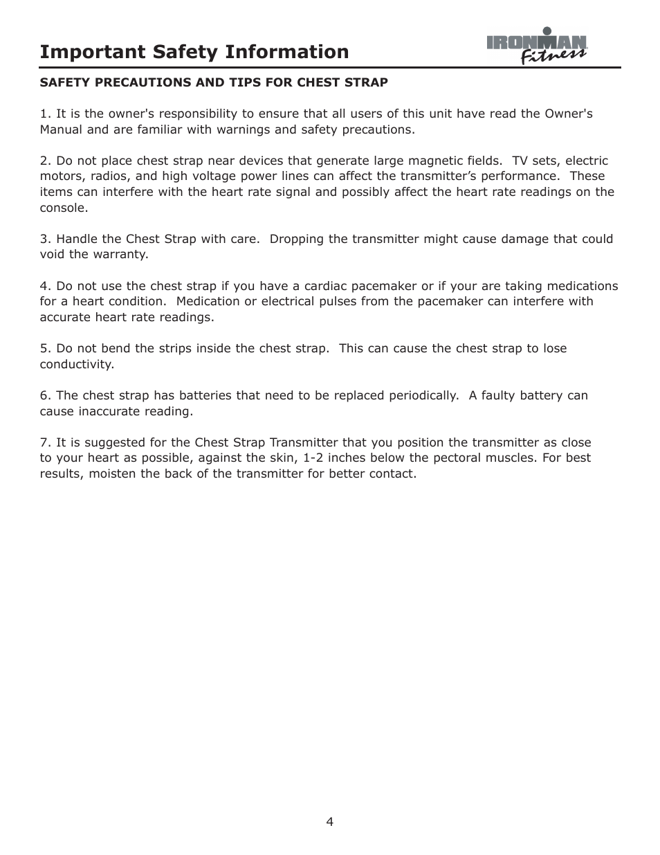 Chest strap, Important safety information | Ironman Fitness Achiever User Manual | Page 4 / 23