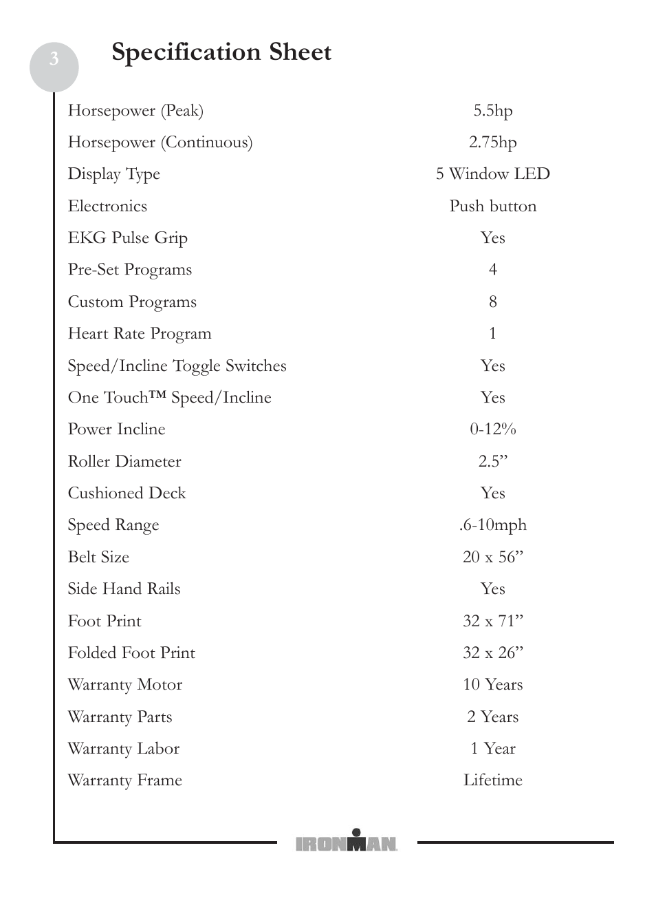 Specification sheet | Ironman Fitness M5 User Manual | Page 3 / 22
