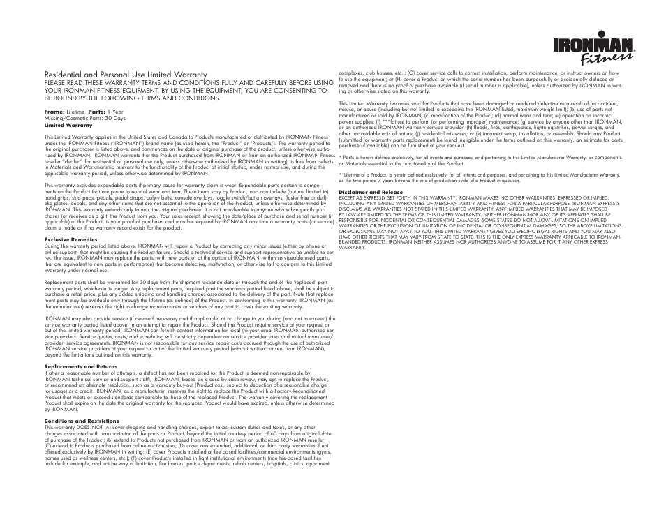 Residential and personal use limited warranty | Ironman Fitness ENVY Ironman series User Manual | Page 43 / 44