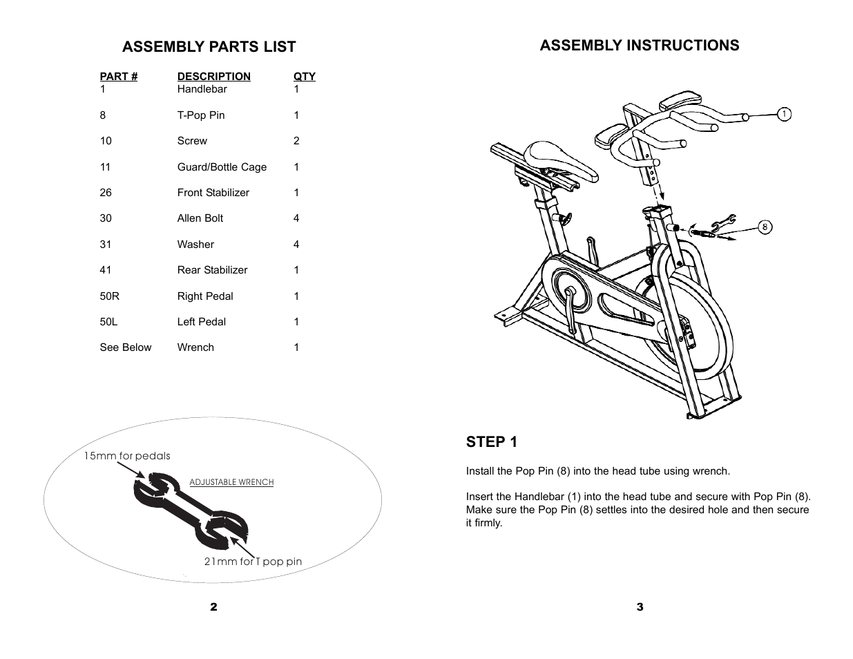 Parts list, Assembly parts list assembly instructions, Step 1 | Ironman Fitness Ironman 112M User Manual | Page 3 / 9