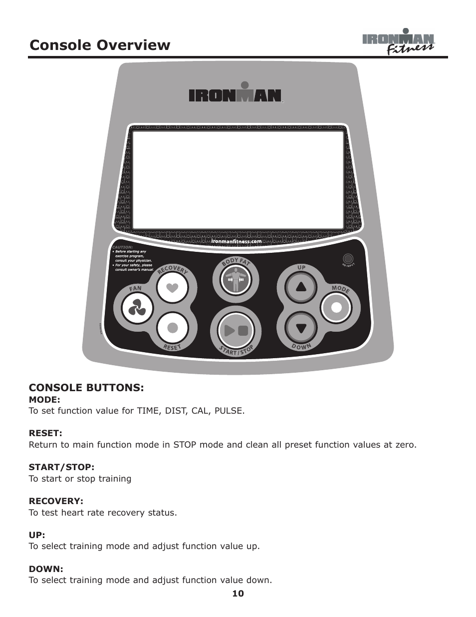 Console overview | Ironman Fitness 430r User Manual | Page 10 / 23