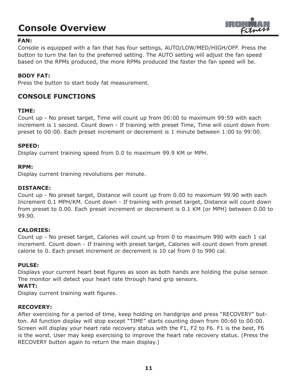 Console overview | Ironman Fitness 430r User Manual | Page 11 / 23