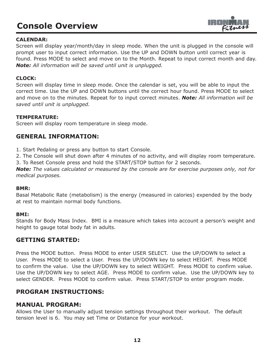 Console overview | Ironman Fitness 430r User Manual | Page 12 / 23