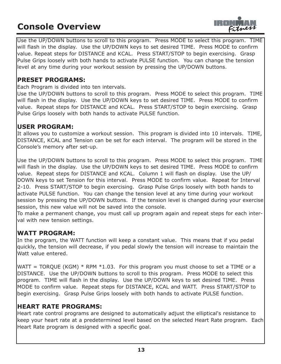 Console overview | Ironman Fitness 430r User Manual | Page 13 / 23