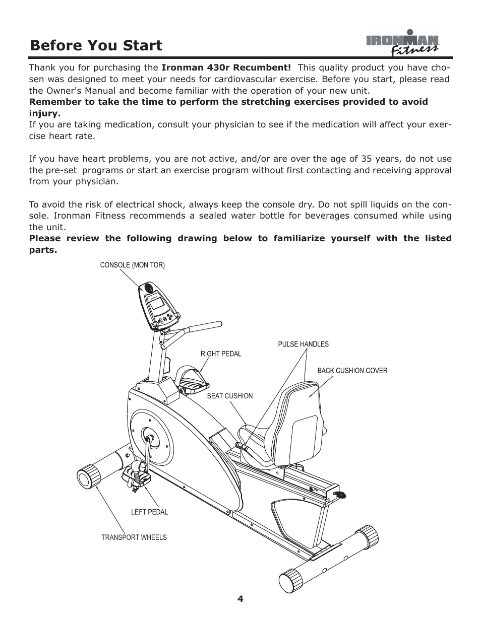 Before you start | Ironman Fitness 430r User Manual | Page 4 / 23