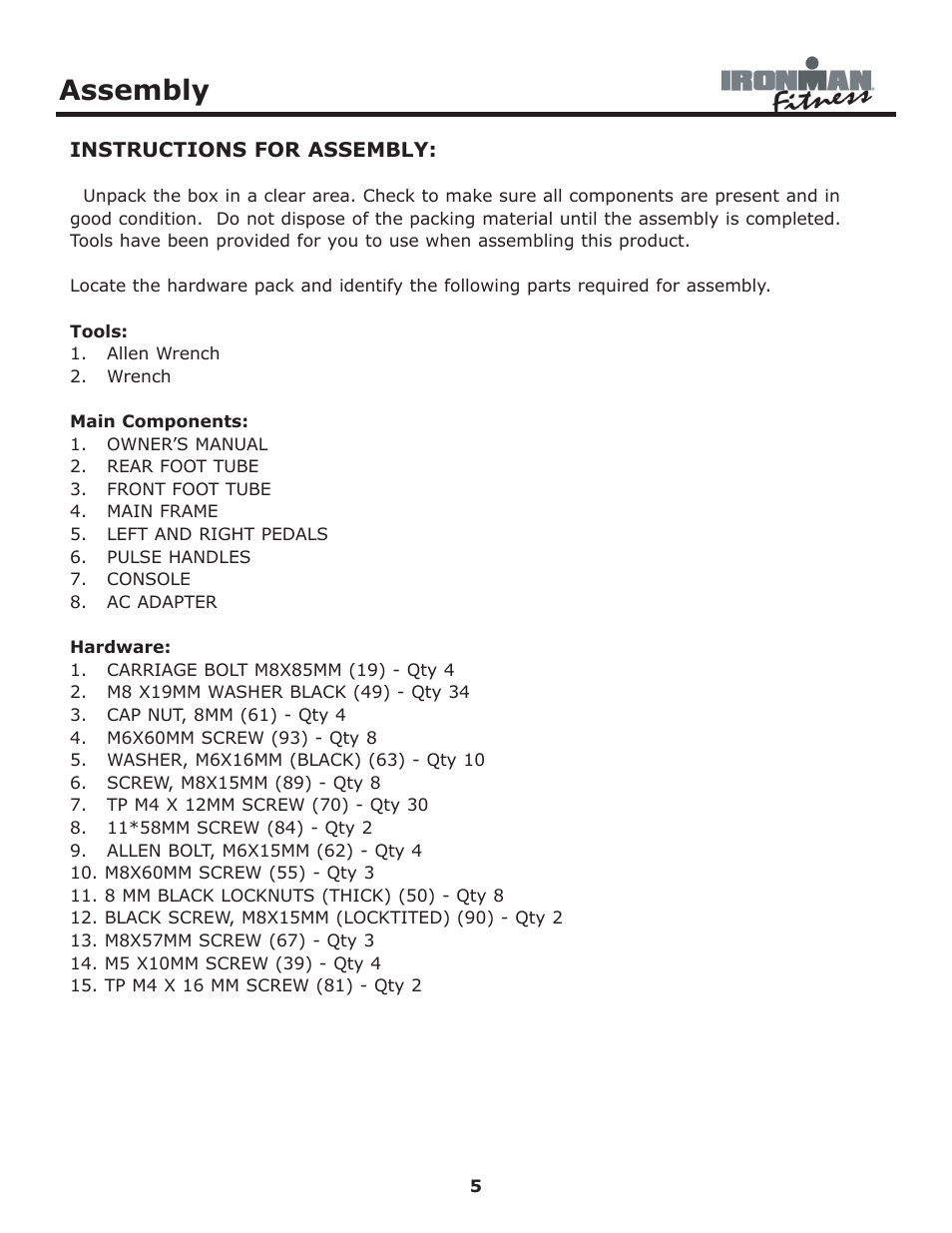 Assembly | Ironman Fitness 430r User Manual | Page 5 / 23