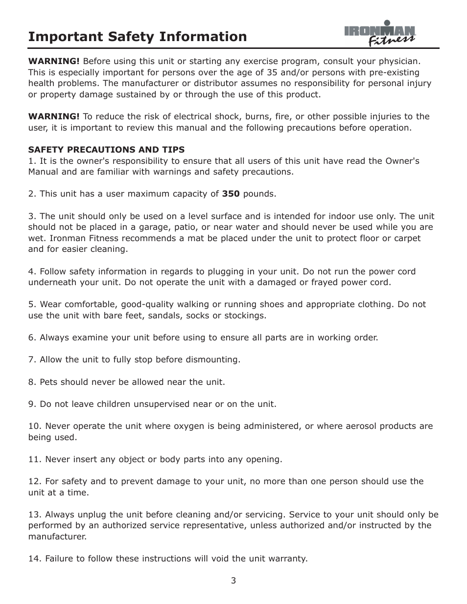 Important safety information | Ironman Fitness Aeros User Manual | Page 3 / 20