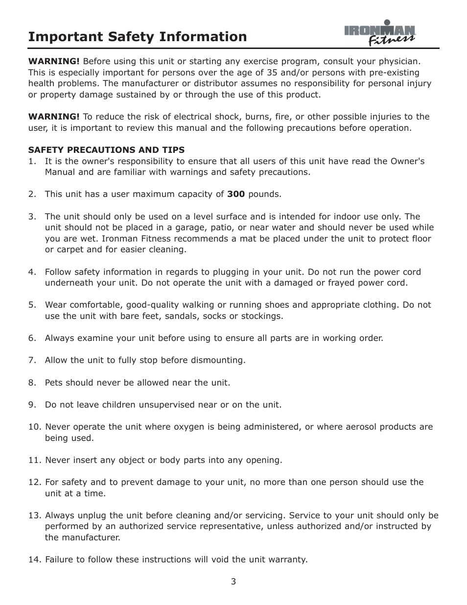 Important safety information | Ironman Fitness Viper User Manual | Page 3 / 28