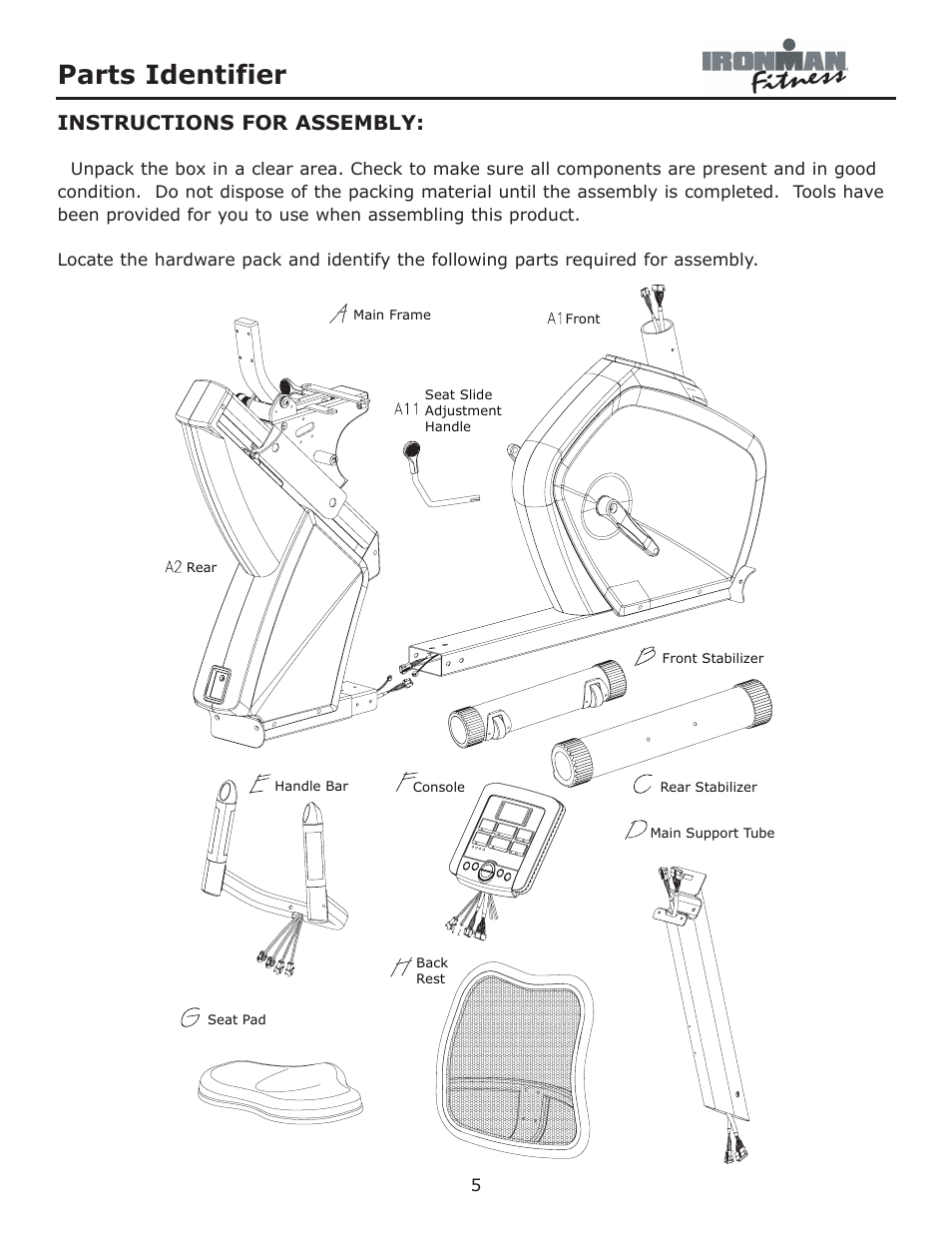 Parts identifier, Instructions for assembly | Ironman Fitness Viper User Manual | Page 5 / 28