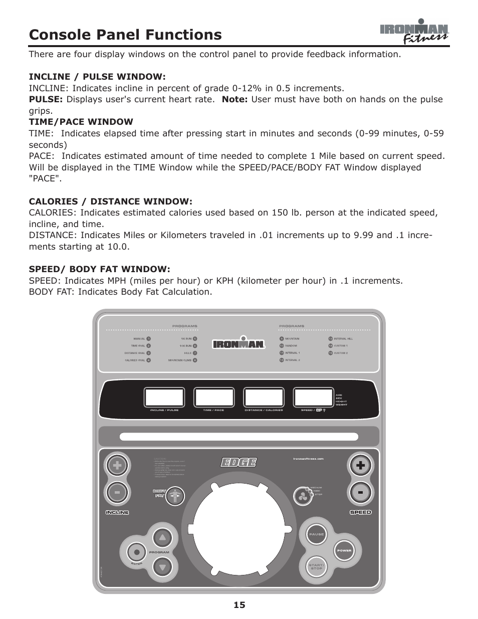 Console panel functions | Ironman Fitness Edge User Manual | Page 15 / 40