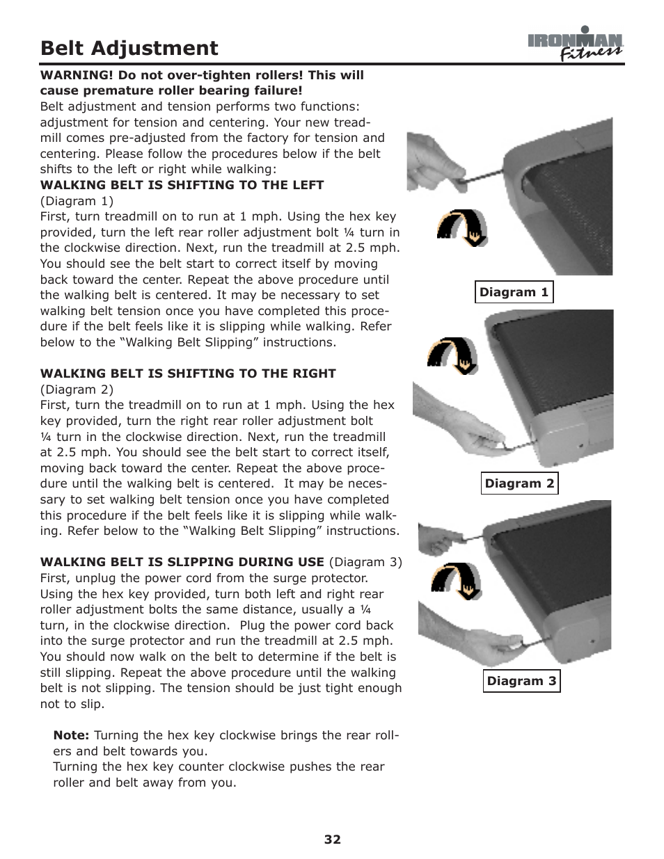 Belt adjustment | Ironman Fitness Edge User Manual | Page 32 / 40