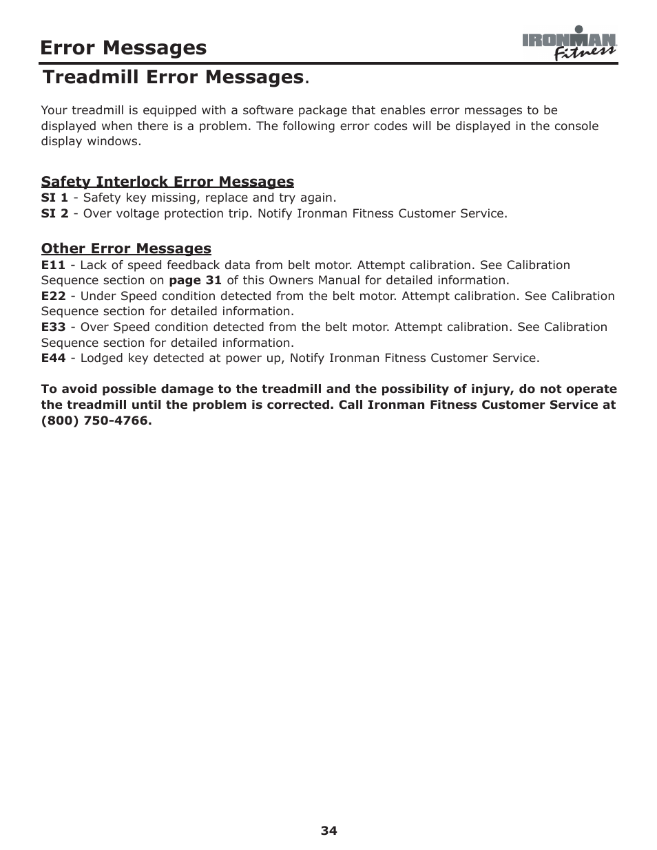 Error messages, Treadmill error messages | Ironman Fitness Edge User Manual | Page 34 / 40