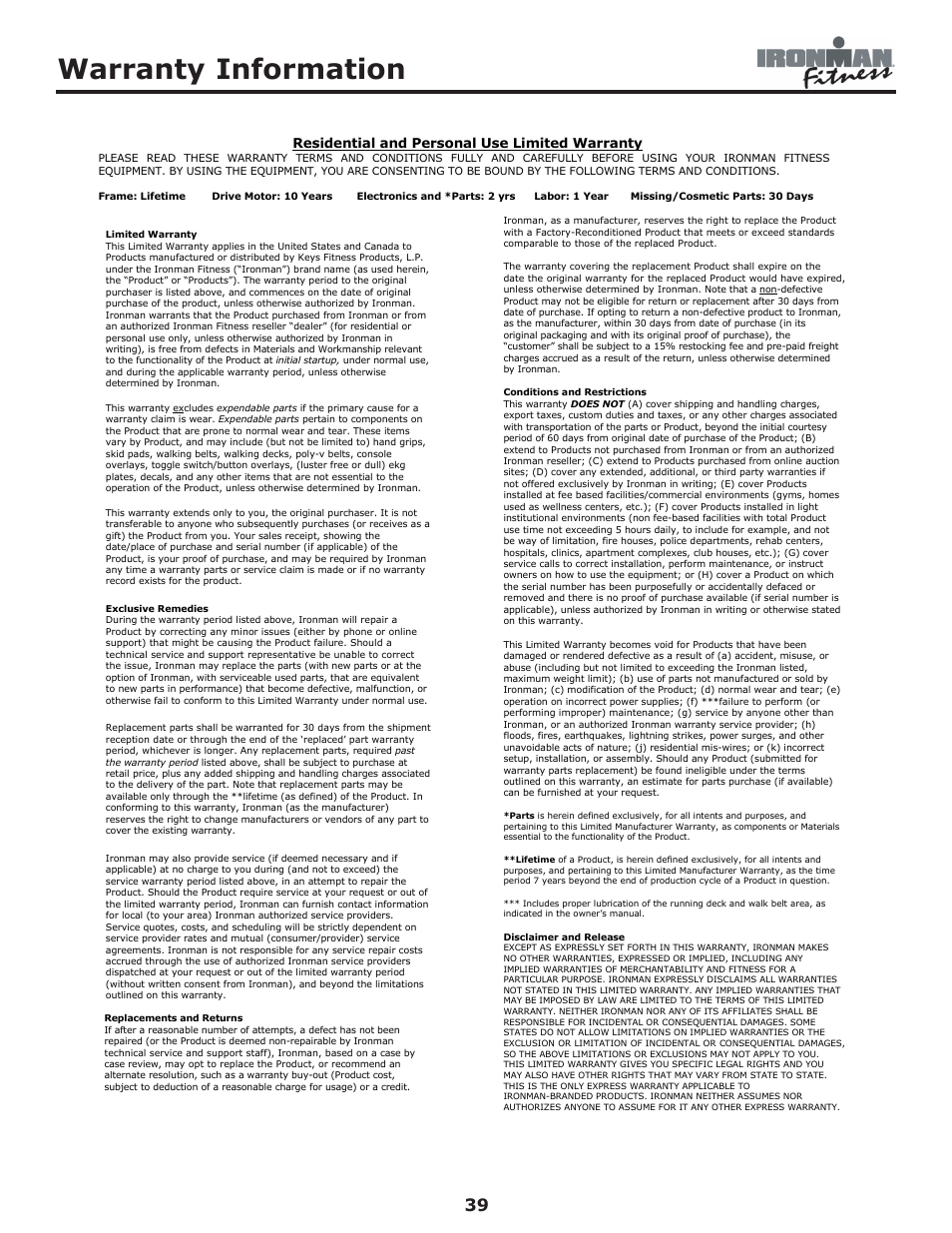 Warranty information | Ironman Fitness Edge User Manual | Page 39 / 40