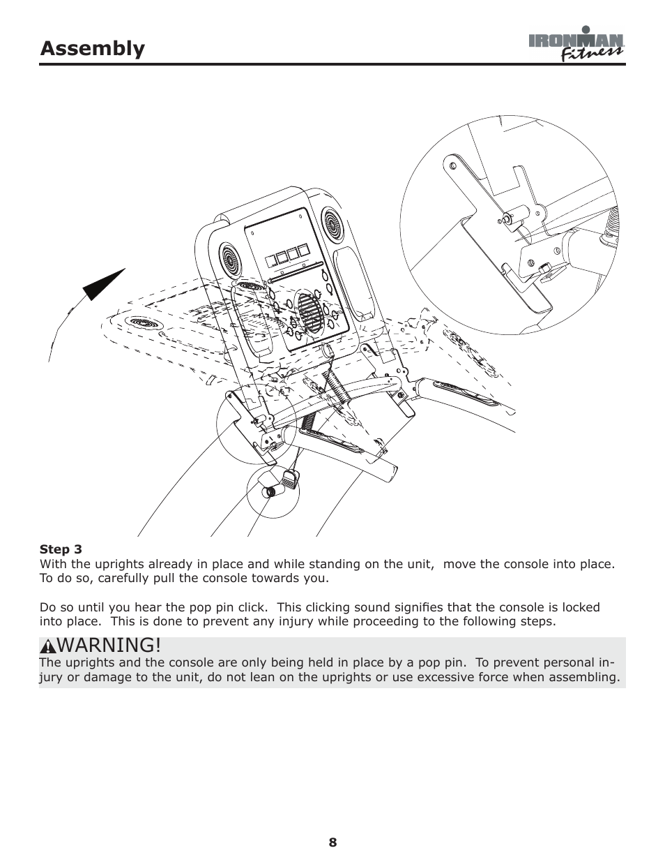 Assembly, Warning | Ironman Fitness Edge User Manual | Page 8 / 40