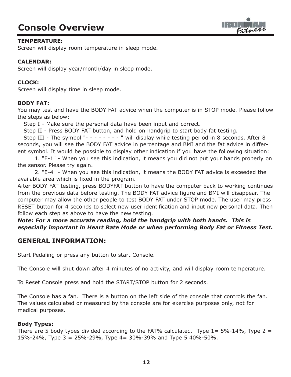 Console overview | Ironman Fitness 530e User Manual | Page 12 / 23
