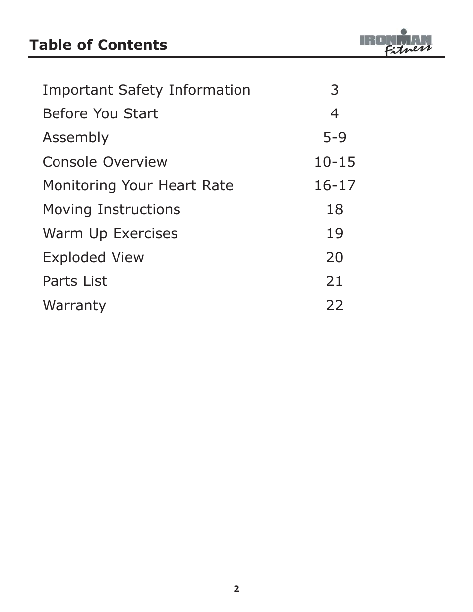 Ironman Fitness 530e User Manual | Page 2 / 23