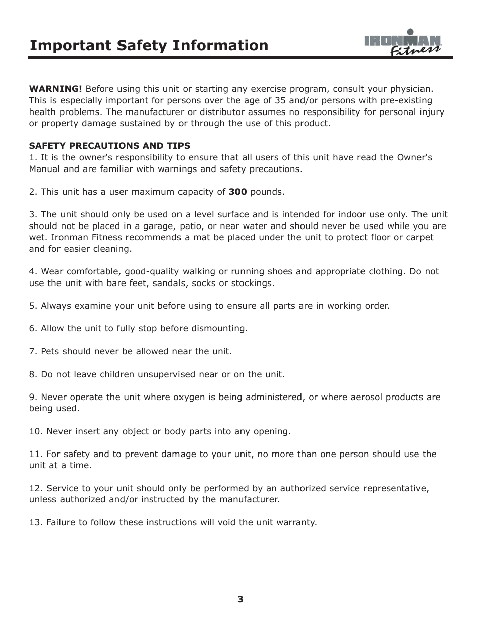 Important safety information | Ironman Fitness 530e User Manual | Page 3 / 23