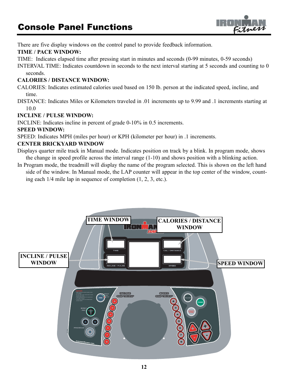 Console panel functions | Ironman Fitness INSPIRE User Manual | Page 12 / 33