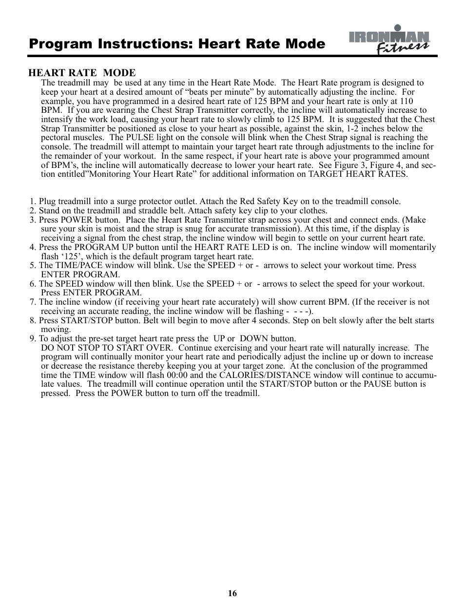 Program instructions: heart rate mode | Ironman Fitness INSPIRE User Manual | Page 16 / 33