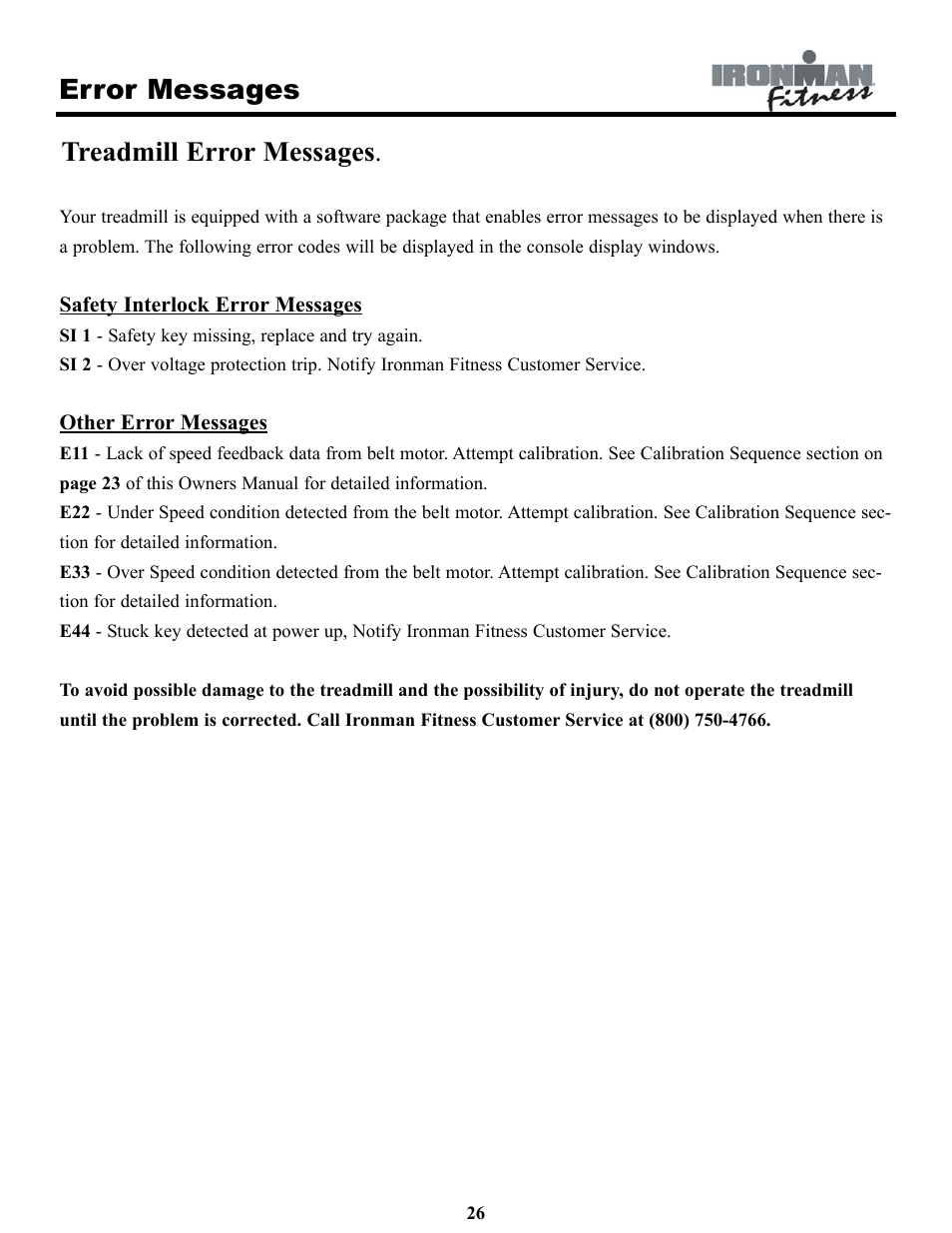 Error messages, Treadmill error messages | Ironman Fitness INSPIRE User Manual | Page 26 / 33