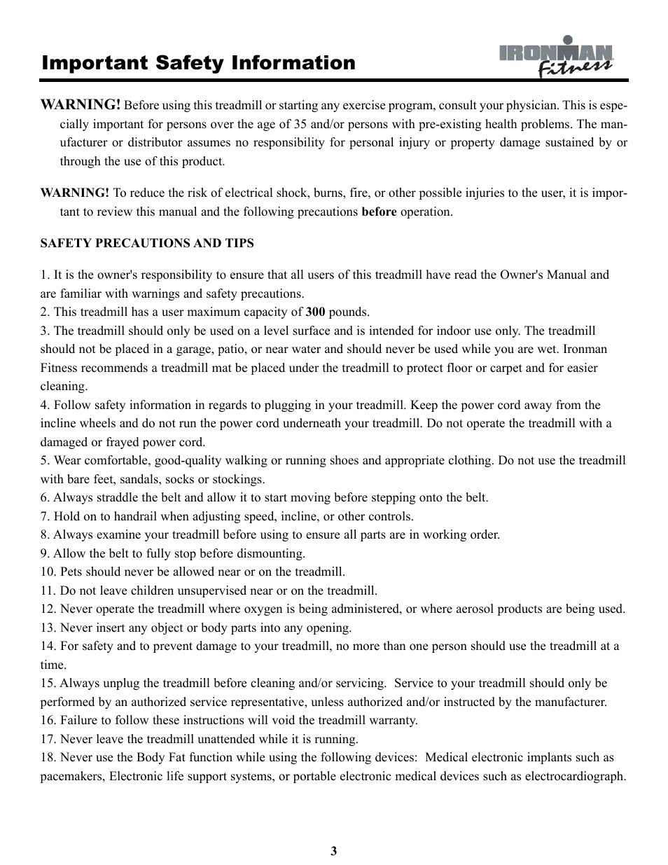Important safety information | Ironman Fitness INSPIRE User Manual | Page 3 / 33