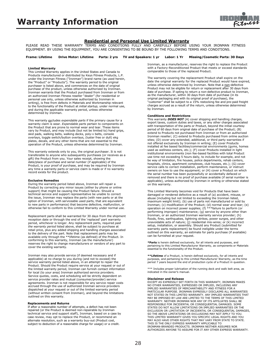 Warranty information | Ironman Fitness Envision User Manual | Page 28 / 32