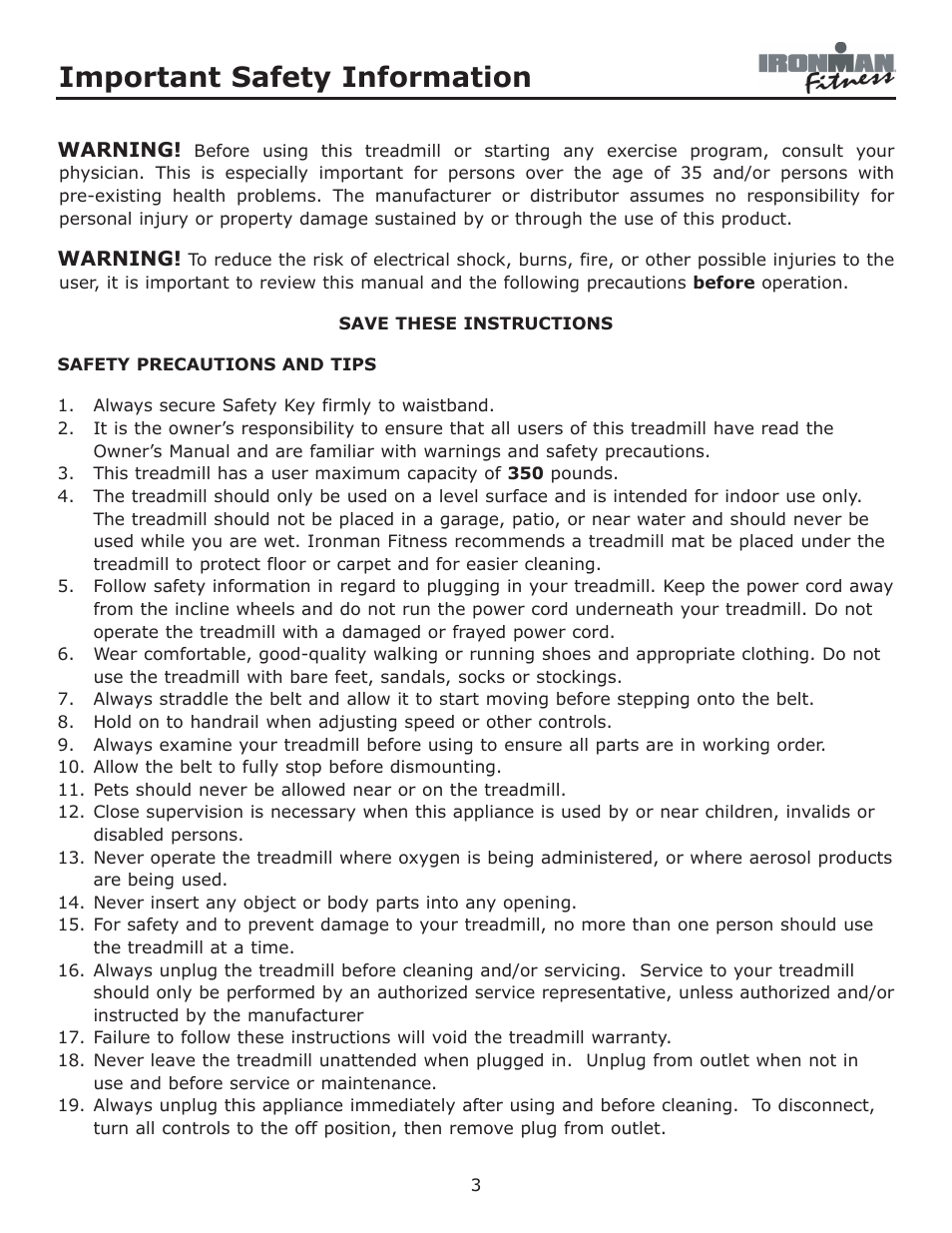 Important safety information | Ironman Fitness Envision User Manual | Page 3 / 32