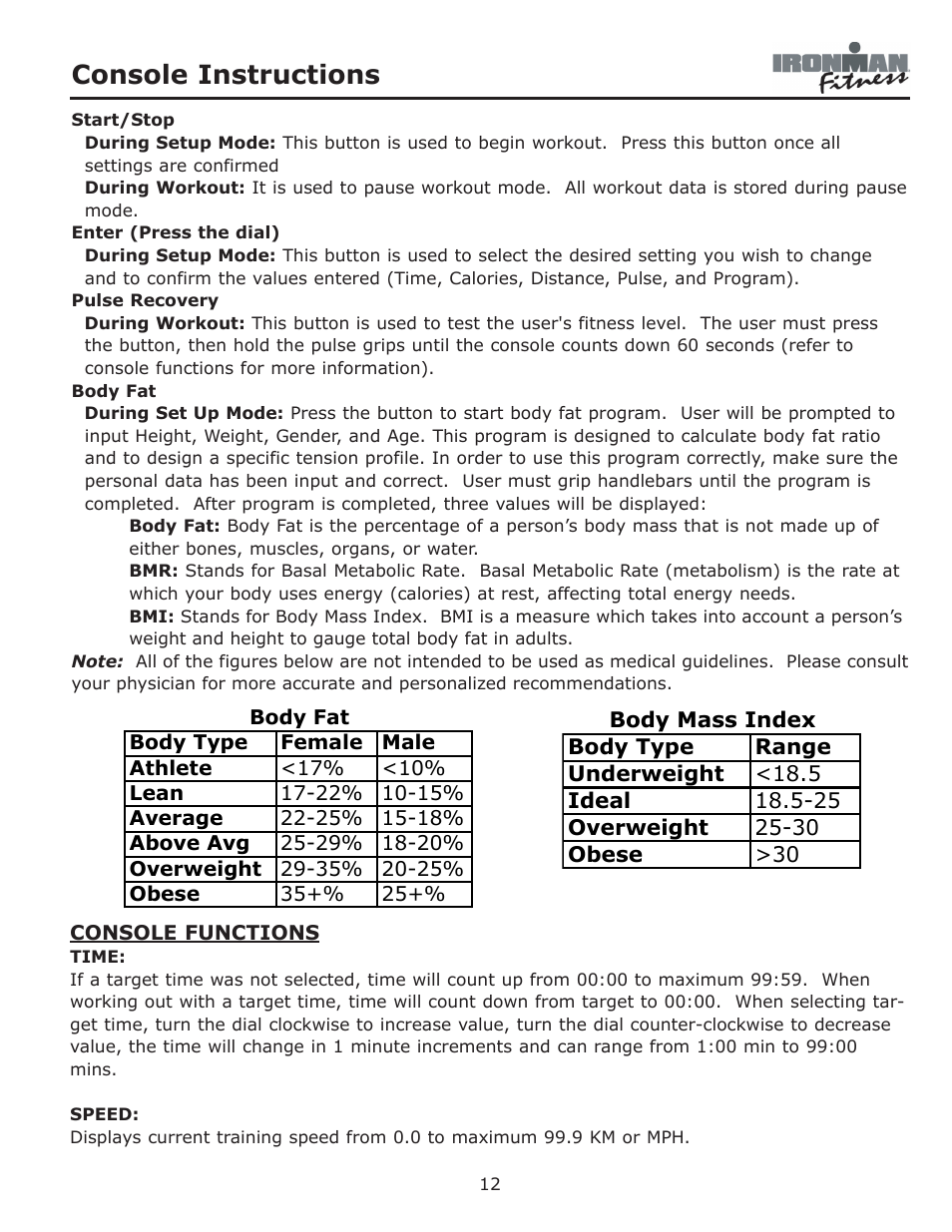 Console instructions | Ironman Fitness 350r User Manual | Page 12 / 28