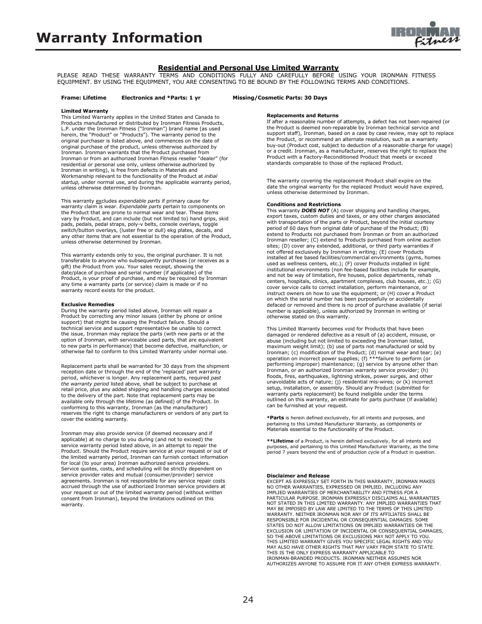 Warranty information, Residential and personal use limited warranty | Ironman Fitness 350r User Manual | Page 24 / 28