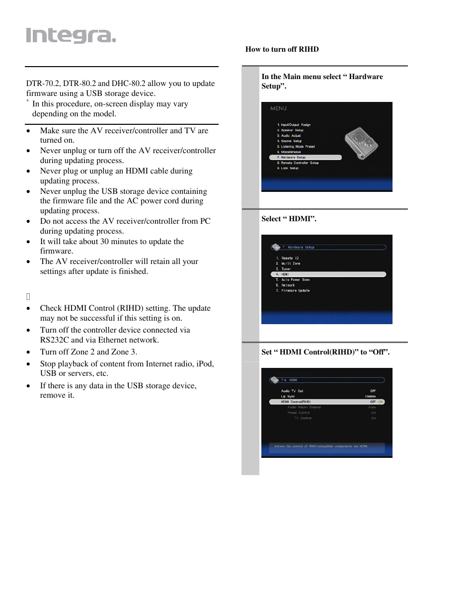 Updating the firmware via usb | Integra DTR-80.2/70.2 User Manual | Page 6 / 10