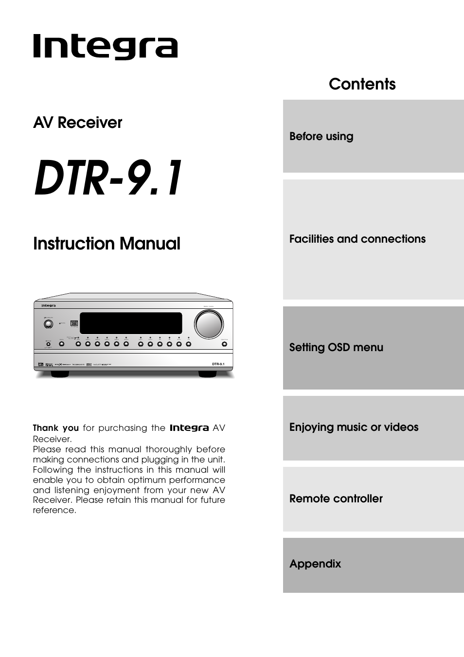 Integra DTR-9.1 User Manual | 92 pages