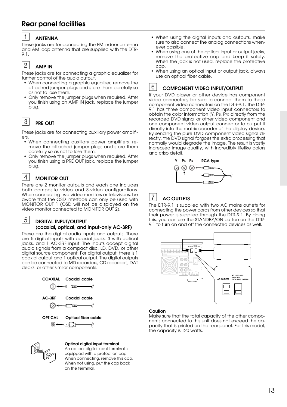 Rear panel facilities, Ac outlets, Antenna | Amp in, Pre out, Monitor out, Component video input/output | Integra DTR-9.1 User Manual | Page 13 / 92