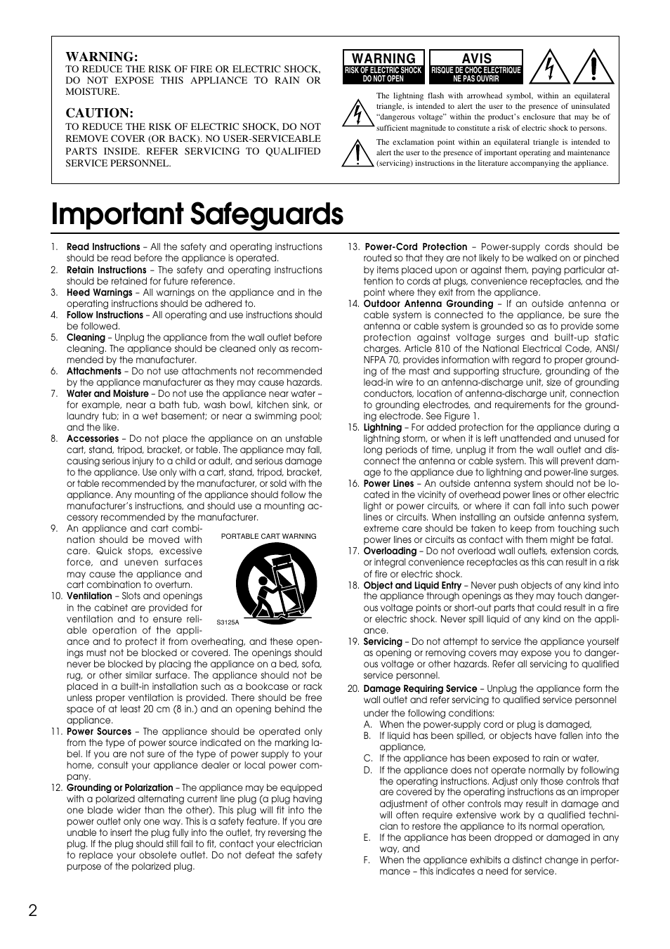 Important safeguards, Warning, Caution | Avis | Integra DTR-9.1 User Manual | Page 2 / 92