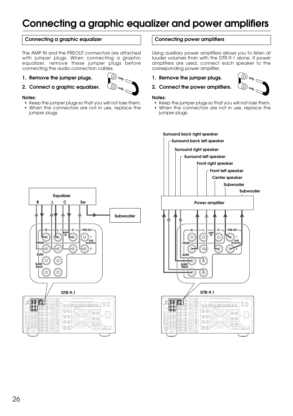 Connecting a graphic equalizer, Connecting power amplifiers, Monitor out | Out in in in in in in out, I n out out, Coaxial), Optical), Input 1 pb pr y 1 2, Main zone 2, Amp in | Integra DTR-9.1 User Manual | Page 26 / 92