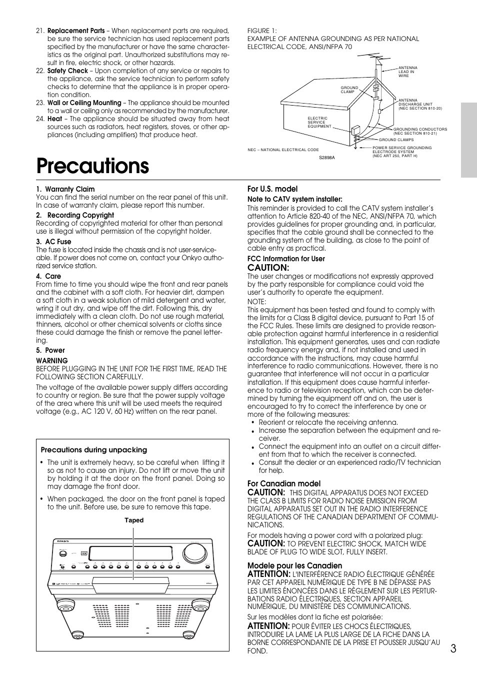 Precautions | Integra DTR-9.1 User Manual | Page 3 / 92