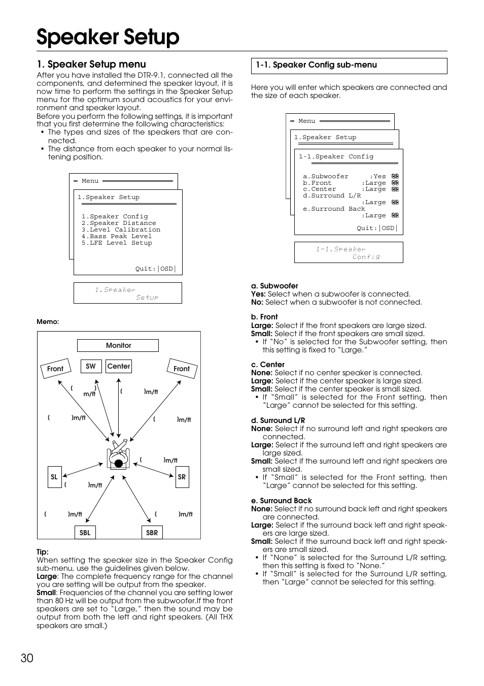 Speaker setup, Speaker setup menu | Integra DTR-9.1 User Manual | Page 30 / 92