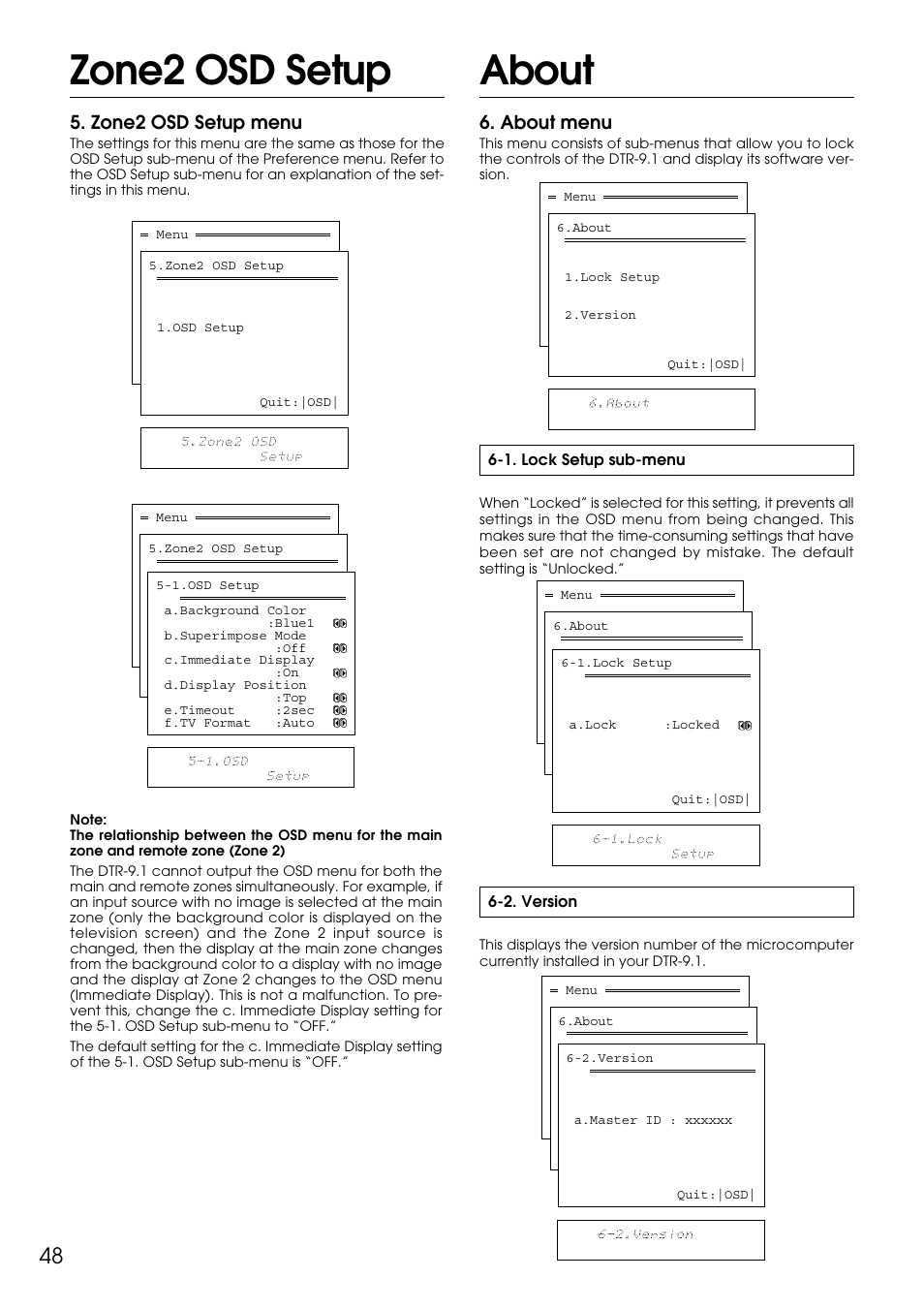 About, Zone2 osd setup, Zone2 osd setup menu | About menu | Integra DTR-9.1 User Manual | Page 48 / 92