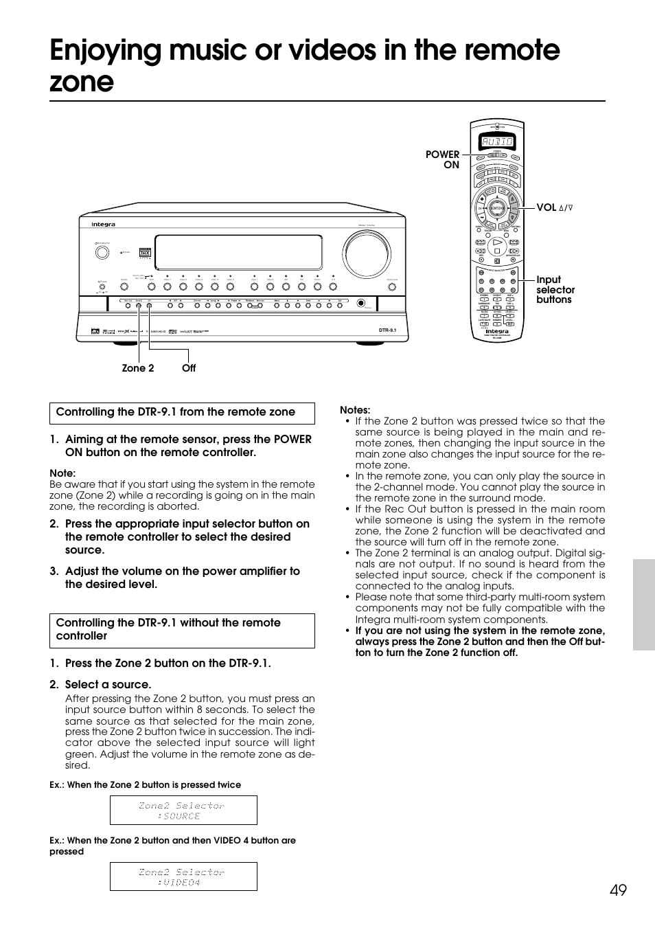Enjoying music or videos in the remote zone, Power on input selector buttons vol zone 2 off | Integra DTR-9.1 User Manual | Page 49 / 92