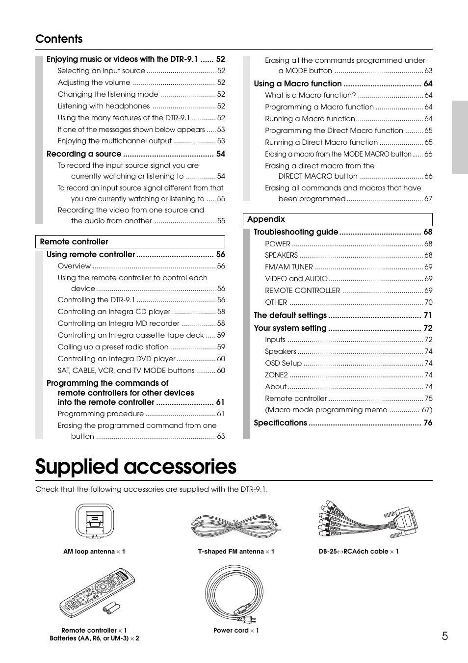 Supplied accessories, 5contents | Integra DTR-9.1 User Manual | Page 5 / 92