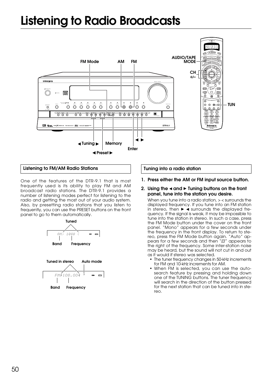 Listening to radio broadcasts, Listening to fm/am radio stations, Tuned band frequency | Tuned in stereo band frequency auto mode | Integra DTR-9.1 User Manual | Page 50 / 92