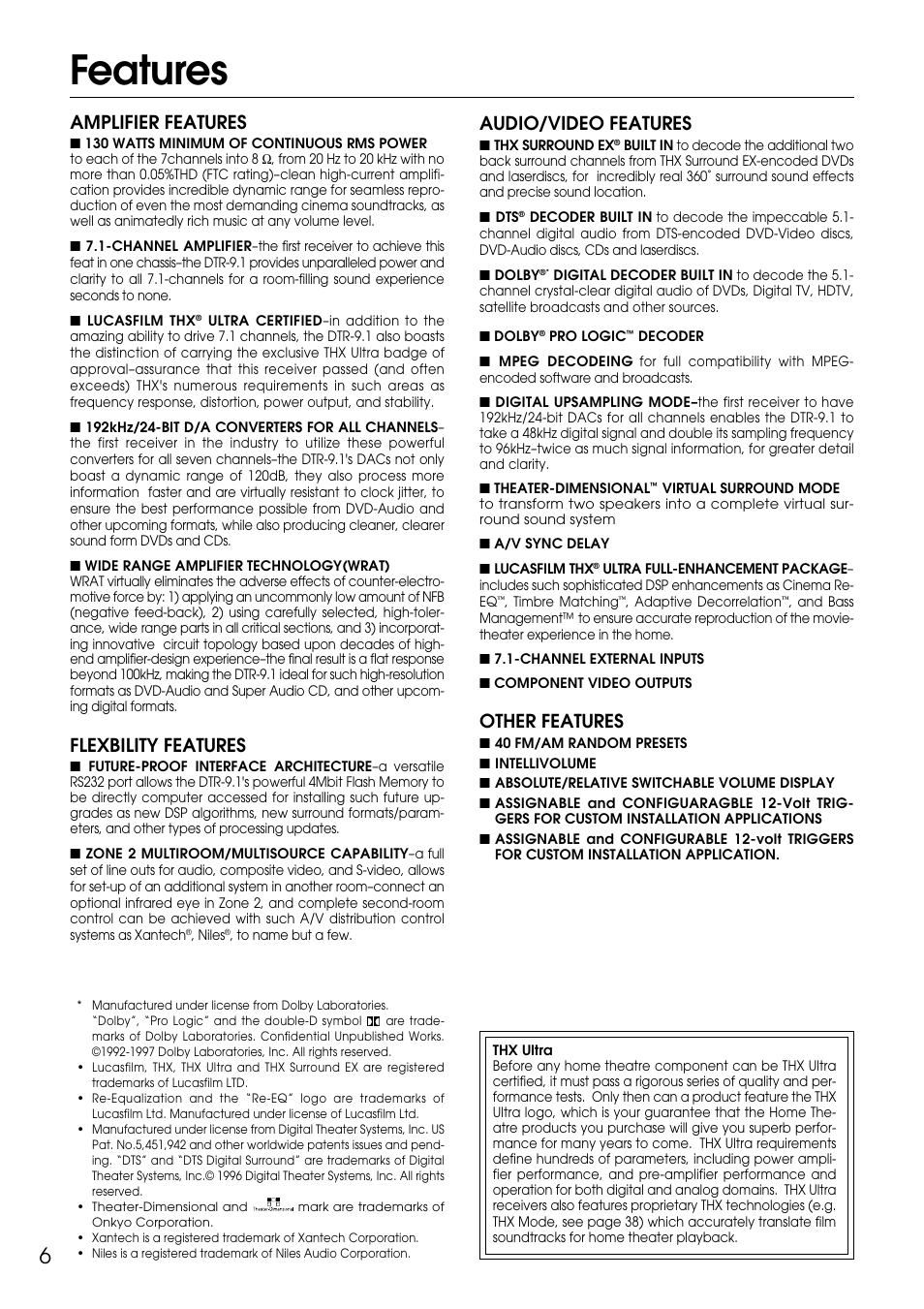 Features, Audio/video features, Other features | Amplifier features, Flexbility features | Integra DTR-9.1 User Manual | Page 6 / 92