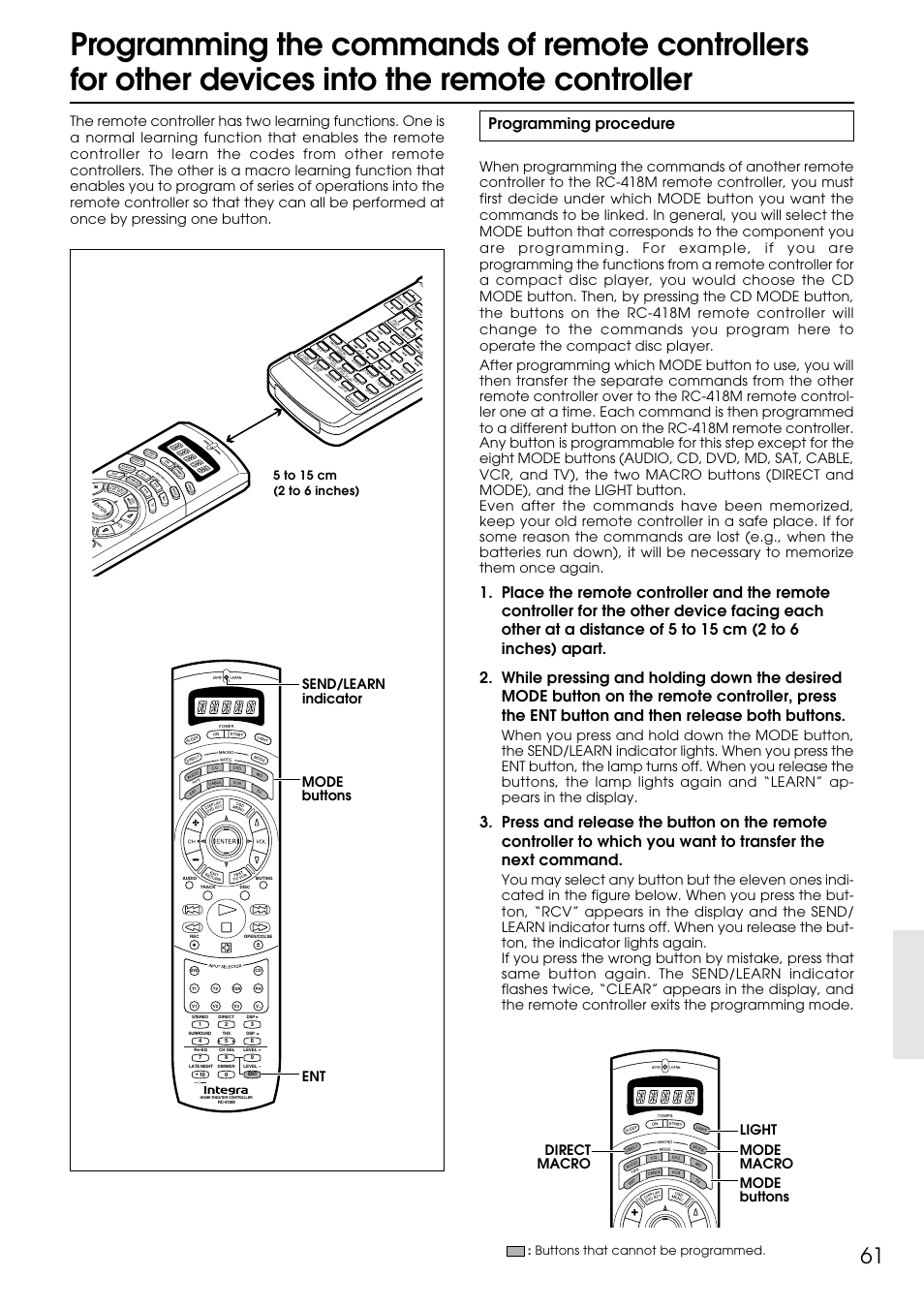 Programming procedure, Mode buttons send/learn indicator ent, Mode buttons direct macro mode macro light | Integra DTR-9.1 User Manual | Page 61 / 92