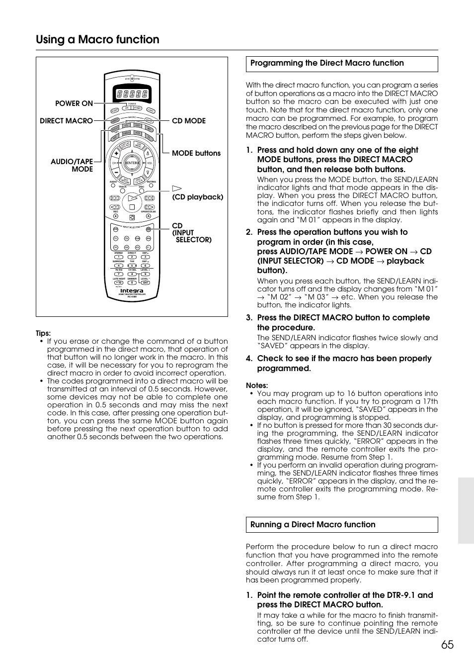 65 using a macro function, Programming the direct macro function, Running a direct macro function | Integra DTR-9.1 User Manual | Page 65 / 92