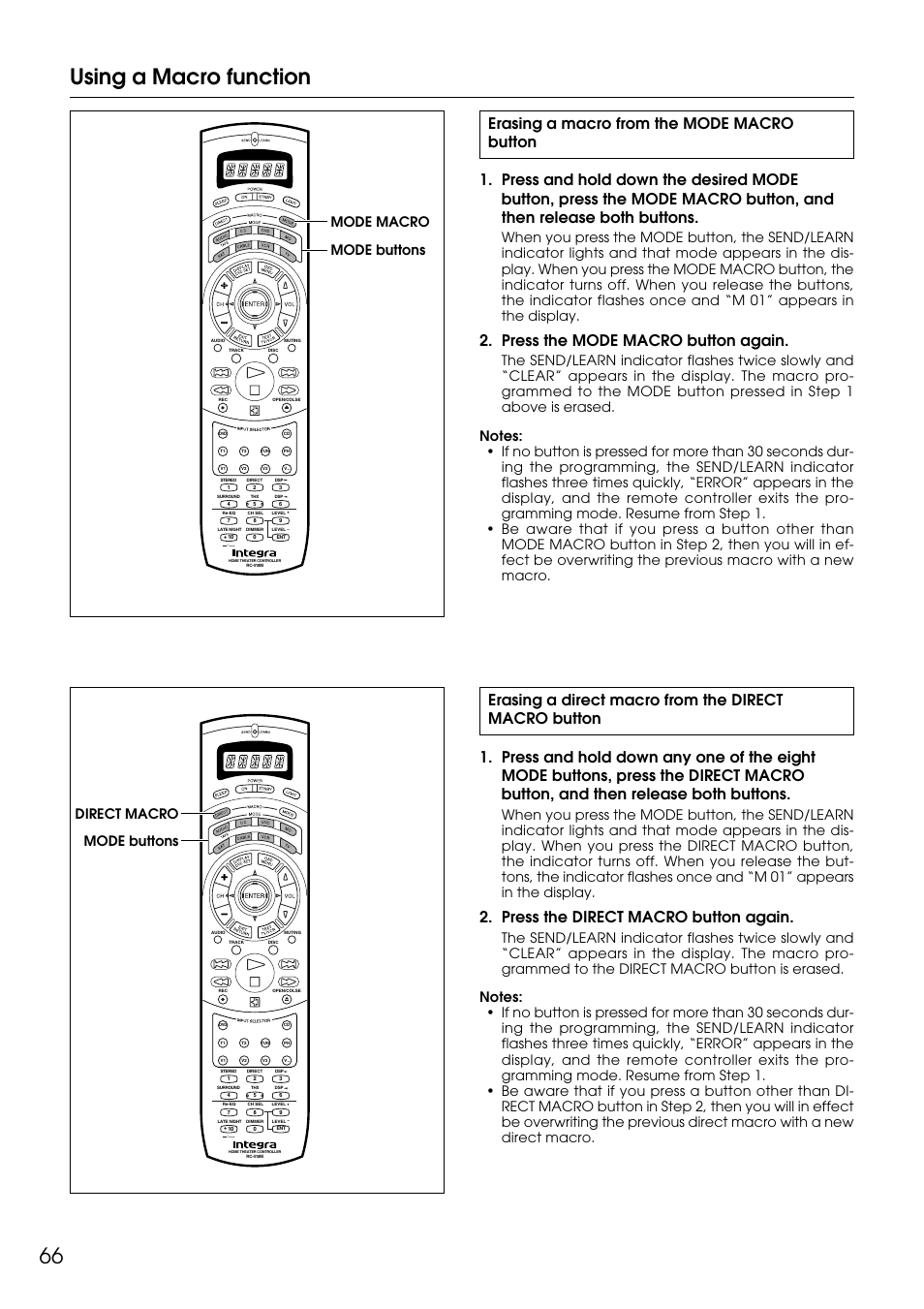 Using a macro function, Press the mode macro button again, Press the direct macro button again | Mode macro mode buttons, Direct macro mode buttons | Integra DTR-9.1 User Manual | Page 66 / 92